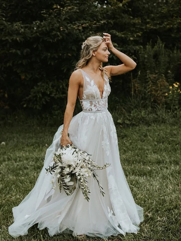 Wedding dresses with minimalist designs for a modern bride-Marvelous V-neck A-line Wedding Dresses Appliques Tulle Bridal Gowns WD221 Wedding dresses with minimalist designs for a modern bride-Marvelous V-neck A-line Wedding Dresses Appliques Tulle Bridal Gowns WD221