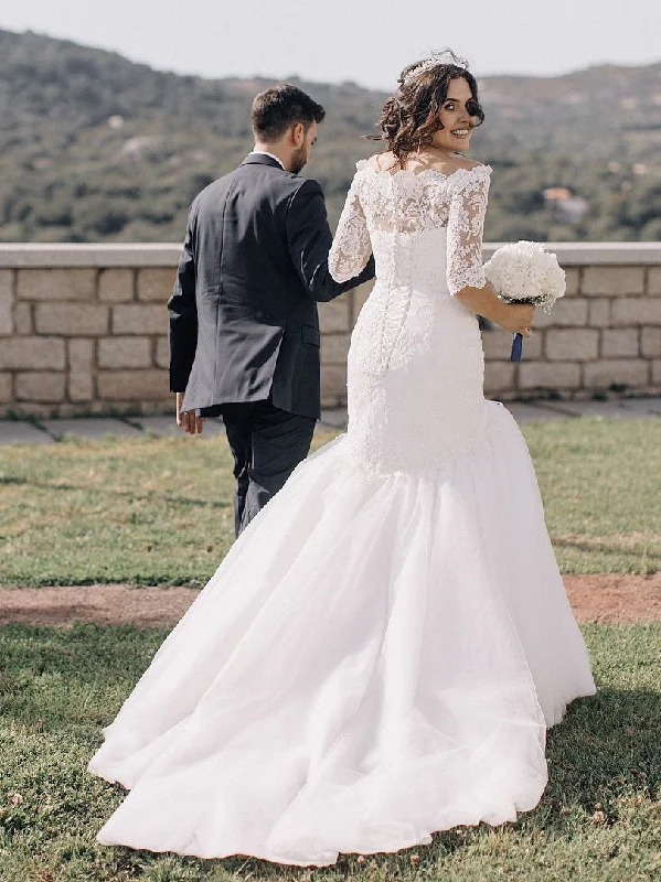 Wedding dresses for a beach or seaside wedding-Mermaid Appliqued Off-Shoulder Sweep Train Lace Wedding Dresses WD541 Wedding dresses for a beach or seaside wedding-Mermaid Appliqued Off-Shoulder Sweep Train Lace Wedding Dresses WD541