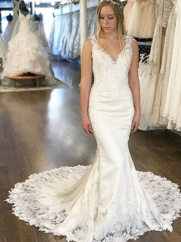 Wedding dresses for plus-size brides seeking comfort-Mermaid Deep-V Chapel Train Satin Appliqued Wedding Dresses SWD041 Wedding dresses for plus-size brides seeking comfort-Mermaid Deep-V Chapel Train Satin Appliqued Wedding Dresses SWD041