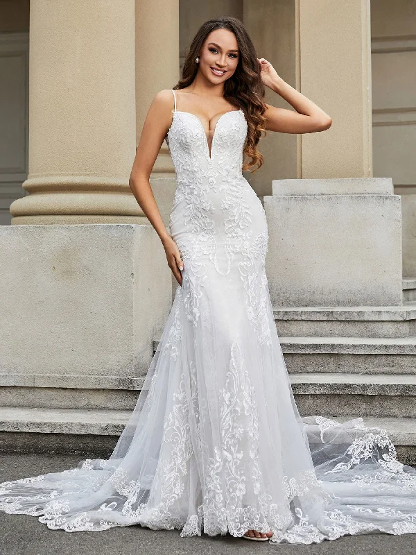 Wedding dresses for a garden or outdoor wedding-Mermaid Lace Chapel Train Wedding Dress Ivory Wedding dresses for a garden or outdoor wedding-Mermaid Lace Chapel Train Wedding Dress Ivory