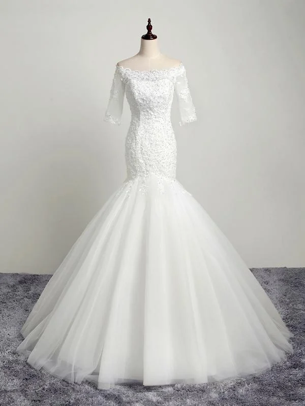 Mermaid Off-Shoulder Chapel Train Tulle Appliqued Beaded Ivory Wedding Dresses ASD26963