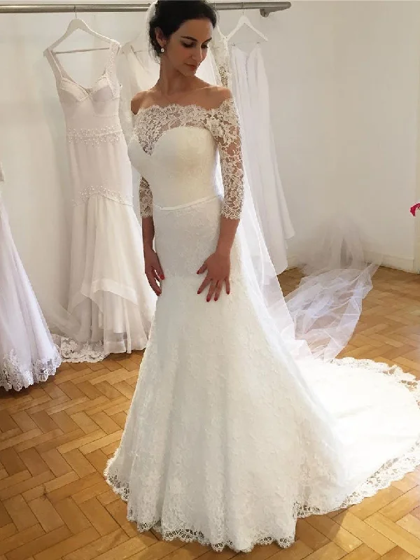 Choosing the right wedding dress for your personality-Mermaid Off-Shoulder Sweep Train Lace Wedding Dresses With 3/4 Sleeves SWD036 Choosing the right wedding dress for your personality-Mermaid Off-Shoulder Sweep Train Lace Wedding Dresses With 3/4 Sleeves SWD036