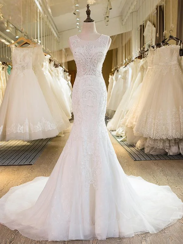 Mermaid Scoop-Neck Chapel Train Tulle Ivory Wedding Dresses With Appliques Beadings ASD26970