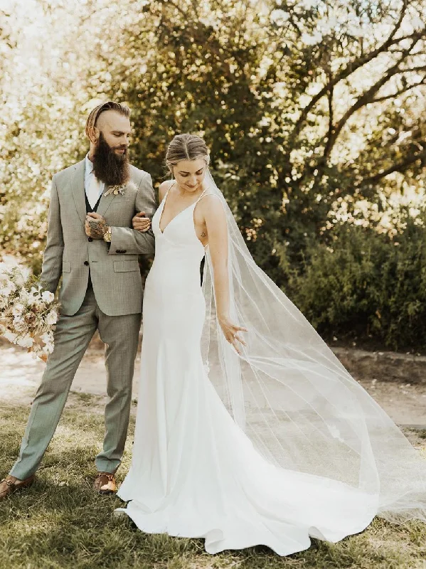 Wedding dresses with modest coverage for conservative brides-Mermaid Spaghetti Straps V-Neck Sweep Train Wedding Dresses WD348 Wedding dresses with modest coverage for conservative brides-Mermaid Spaghetti Straps V-Neck Sweep Train Wedding Dresses WD348