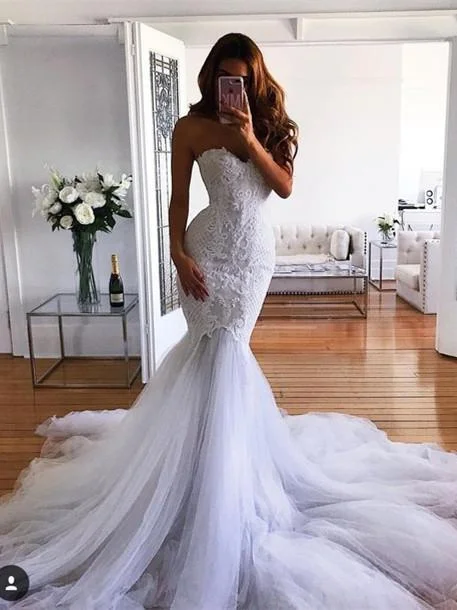 Boho wedding dresses for a relaxed vibe-Mermaid Sweetheart Sweep Train Tulle Appliqued Wedding Dresses ASD26731 Boho wedding dresses for a relaxed vibe-Mermaid Sweetheart Sweep Train Tulle Appliqued Wedding Dresses ASD26731