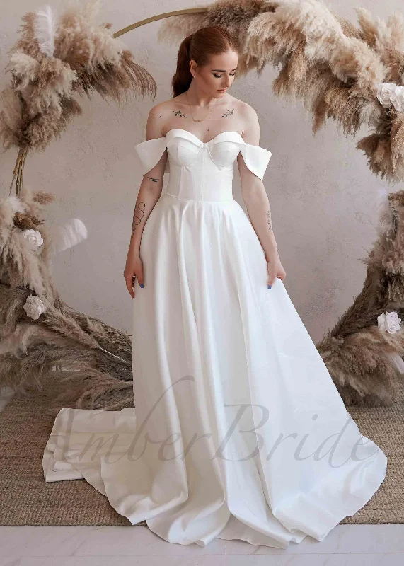 Wedding dresses with open back styles for added allure-Minimalist A Line Satin Wedding Dress with Off Shoulder Sweetheart Neckline Wedding dresses with open back styles for added allure-Minimalist A Line Satin Wedding Dress with Off Shoulder Sweetheart Neckline