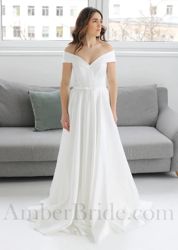 Boho wedding dresses for a relaxed vibe-Minimalist A Line Wedding Dress with Satin and Off-Shoulder Sweetheart Neckline Boho wedding dresses for a relaxed vibe-Minimalist A Line Wedding Dress with Satin and Off-Shoulder Sweetheart Neckline