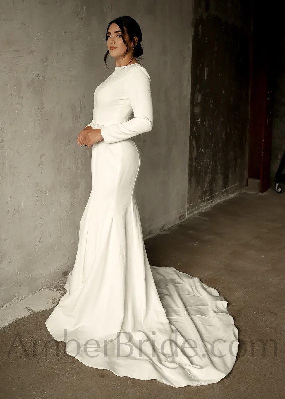 Wedding dresses for an intimate, outdoor ceremony-Minimalist Satin Mermaid Wedding Dress with Long Sleeves and V Back