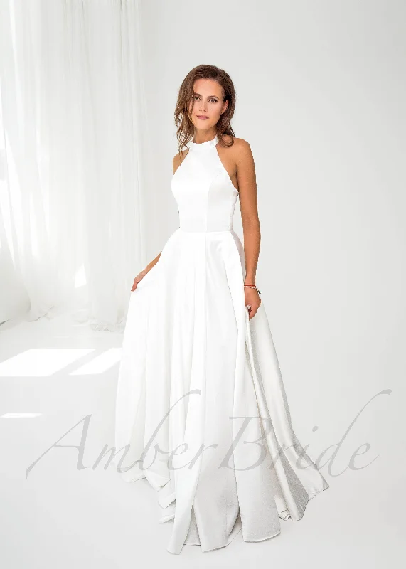 Wedding dresses with detachable skirts for versatility-Minimalistic A Line Satin Wedding Dress with Halter Neckline and Open Back Wedding dresses with detachable skirts for versatility-Minimalistic A Line Satin Wedding Dress with Halter Neckline and Open Back