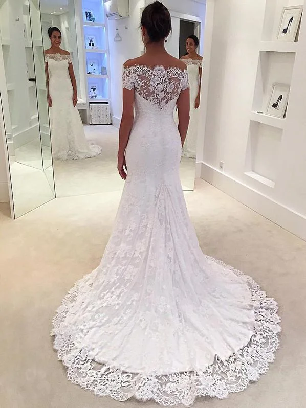 Stunning wedding dresses with minimal embellishments-Modern Mermaid Wedding Dresses Lace Short Sleeves Gowns WD063 Stunning wedding dresses with minimal embellishments-Modern Mermaid Wedding Dresses Lace Short Sleeves Gowns WD063