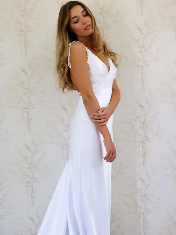 Modern Satin V-neck Neckline Chapel Train Sheath Wedding Dresses With Appliques WD005 Modern Satin V-neck Neckline Chapel Train Sheath Wedding Dresses With Appliques WD005