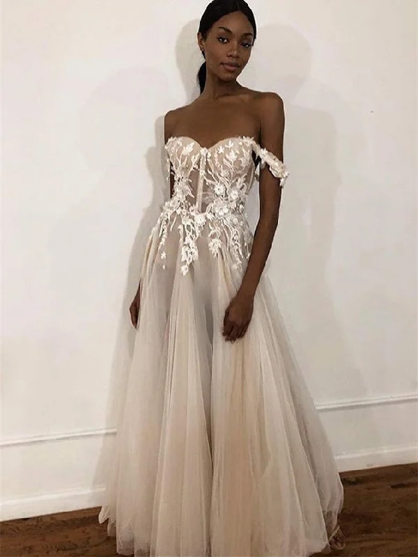 Modest Off-the-shouder A-line Wedding Dresses Tulle Appliqued Gowns WD273