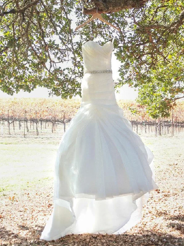 Wedding dresses for a spring or summer wedding-Modest Organza Sweetheart Neckline Hi-lo Length Mermaid Wedding Dresses With Rhinestones WD065 Wedding dresses for a spring or summer wedding-Modest Organza Sweetheart Neckline Hi-lo Length Mermaid Wedding Dresses With Rhinestones WD065
