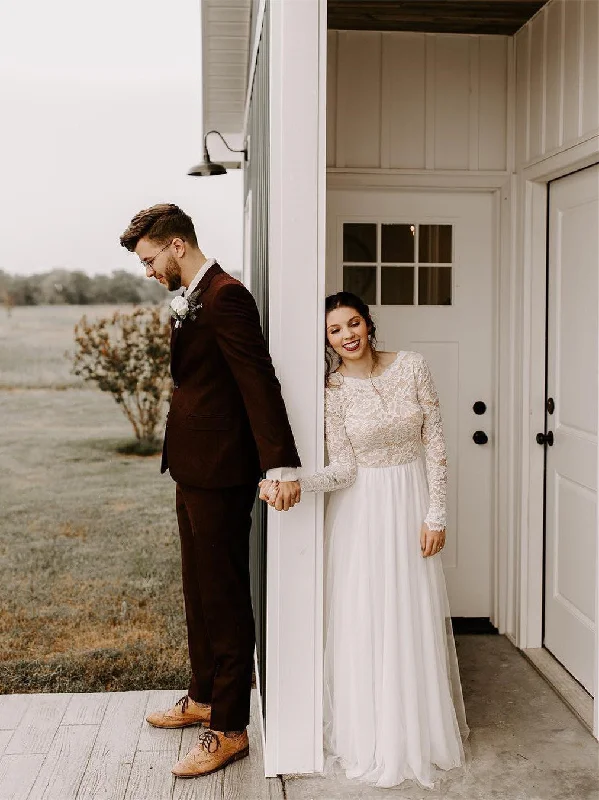 Best wedding dresses for winter ceremonies-Modest Tulle A-line Wedding Dresses Country With Sleeves Gowns WD207