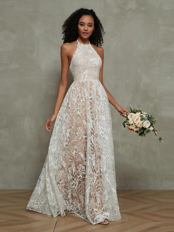 Wedding dresses with luxurious fabrics for a glamorous feel-Nude Lining Ivory Lace Halter Floor Length Bridal Dresses-As Picture Wedding dresses with luxurious fabrics for a glamorous feel-Nude Lining Ivory Lace Halter Floor Length Bridal Dresses-As Picture