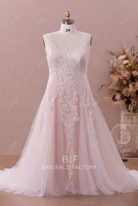 Lace Appliqued Nude Pink Plus Size Wedding Dress