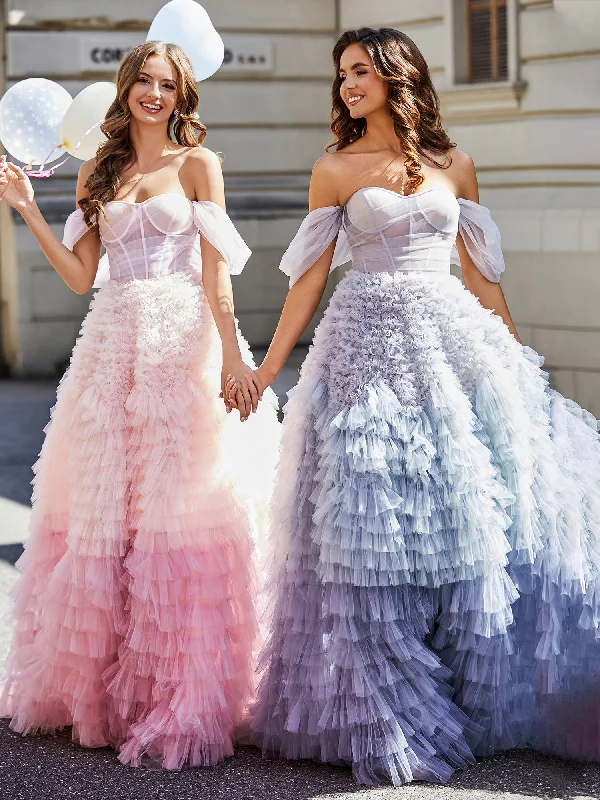 Tips for finding the best wedding dress-Off Shoulder Ruffle Tiered Tulle Ball Gown Dusty Blue