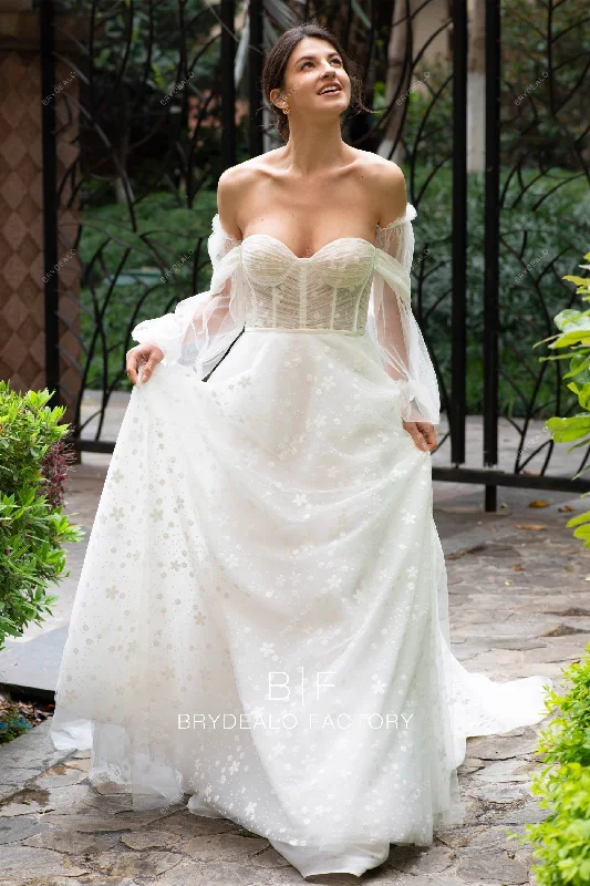 Off-shoulder Sleeve Allover Flowers Tulle Princess Wedding Ballgown