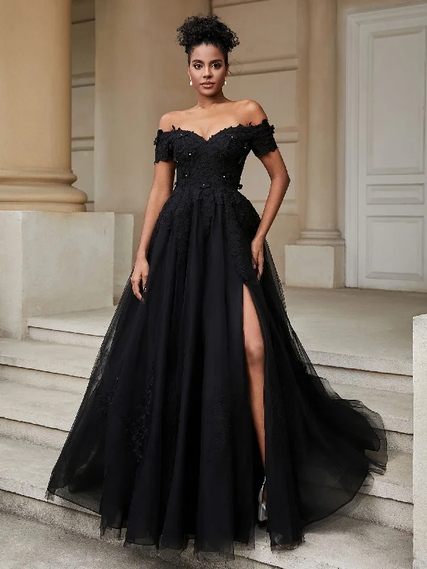 Best wedding dresses for a glamorous appearance-Off-the-shoulder A-line Wedding Dress With Slit Black Best wedding dresses for a glamorous appearance-Off-the-shoulder A-line Wedding Dress With Slit Black