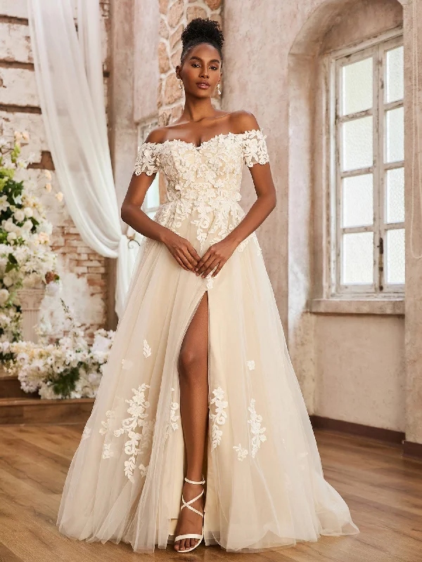 Wedding dresses with ruffles for added texture-Off-the-shoulder A-line Wedding Dress With Slit Ivory/Champagne Wedding dresses with ruffles for added texture-Off-the-shoulder A-line Wedding Dress With Slit Ivory/Champagne