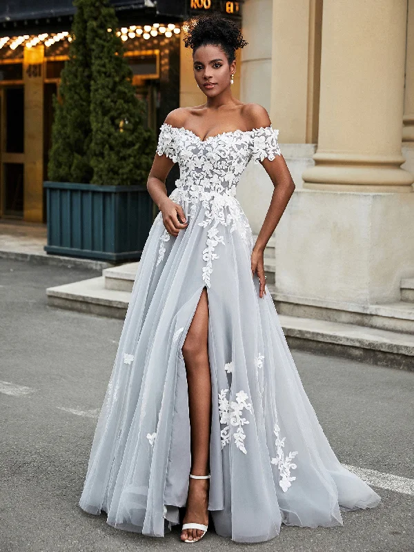 Wedding dresses with subtle beading for a classy look-Off-the-shoulder A-line Wedding Dress With Slit Ivory/Grey Wedding dresses with subtle beading for a classy look-Off-the-shoulder A-line Wedding Dress With Slit Ivory/Grey