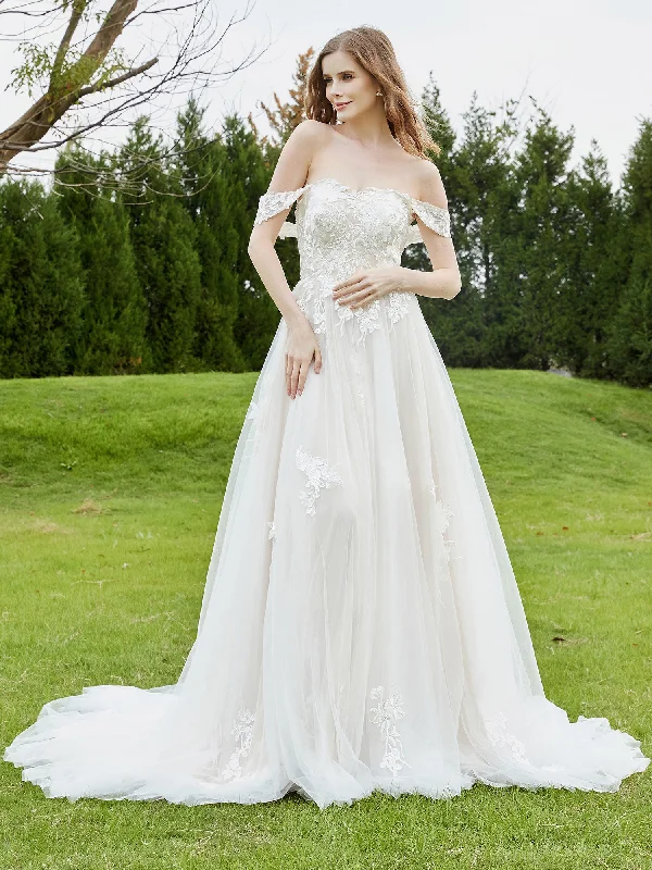 Best wedding dresses for a winter wedding-Off-the-shoulder Lace Bodice Appliqued Wedding Dress-Ivory/Champagne Best wedding dresses for a winter wedding-Off-the-shoulder Lace Bodice Appliqued Wedding Dress-Ivory/Champagne