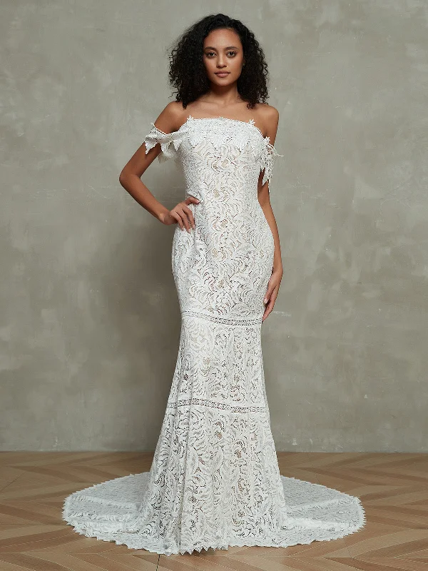 Wedding dresses with modest coverage for conservative brides-Off the Shoulder Vintage Lace Boho Wedding Dresses-As Picture