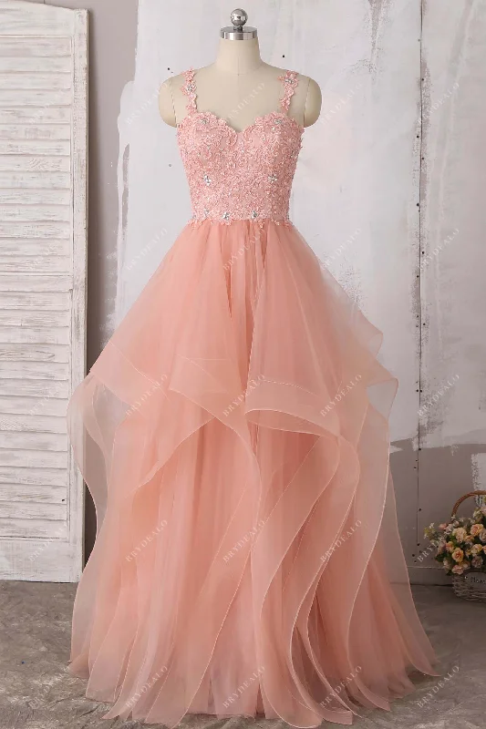 Peach Lace Ruffled Tulle Prom Wedding Dress