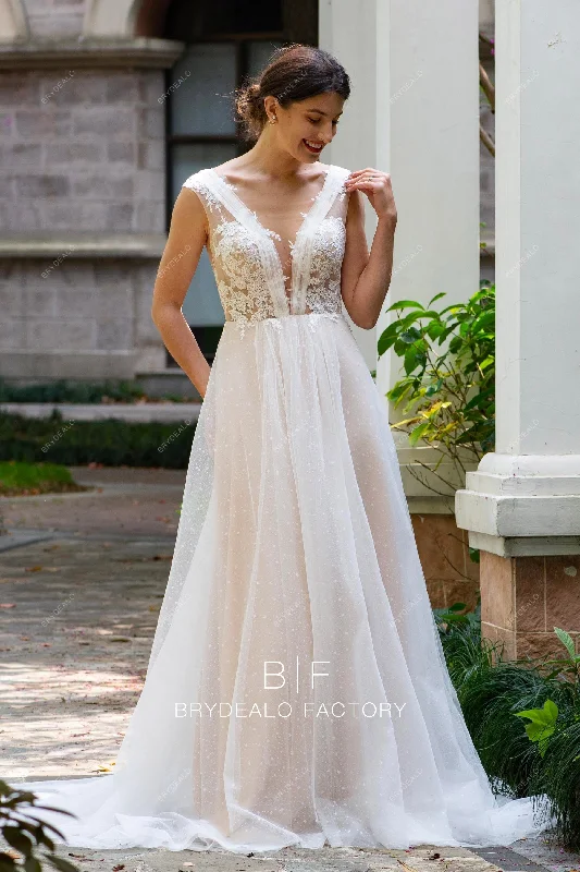 Pleated Plunging Neck Flower Lace Spring Summer Boho Bridal Gown