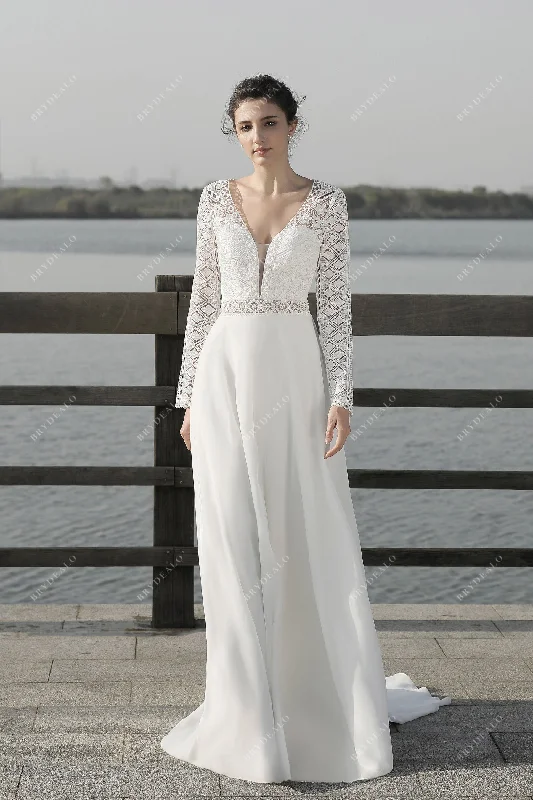 Elegant Lace Sleeves Plunging Neck A-line Chiffon Wedding Dress