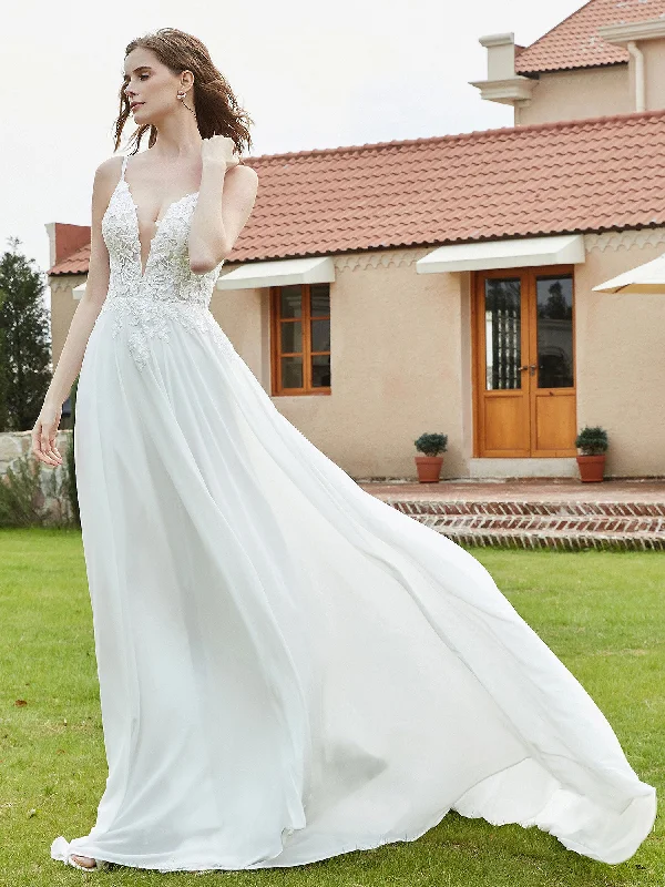 How to pick the best wedding dress for a summer ceremony-Plunging V-neck Appliqued A-line Wedding Gown Ivory How to pick the best wedding dress for a summer ceremony-Plunging V-neck Appliqued A-line Wedding Gown Ivory