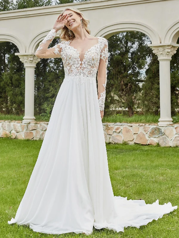 Wedding dresses with statement sleeves for extra drama-Plunging V-neck Chapel Train Bridal Gown With Buttons-Ivory Wedding dresses with statement sleeves for extra drama-Plunging V-neck Chapel Train Bridal Gown With Buttons-Ivory