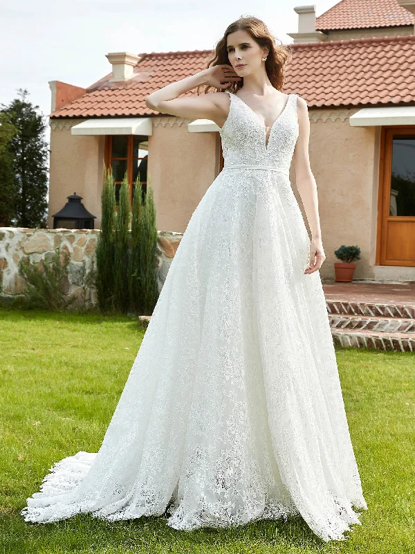 Wedding dresses with clean lines for a modern look-Plunging V-Neck Lace Sweep Train Bridal Gown Ivory Wedding dresses with clean lines for a modern look-Plunging V-Neck Lace Sweep Train Bridal Gown Ivory