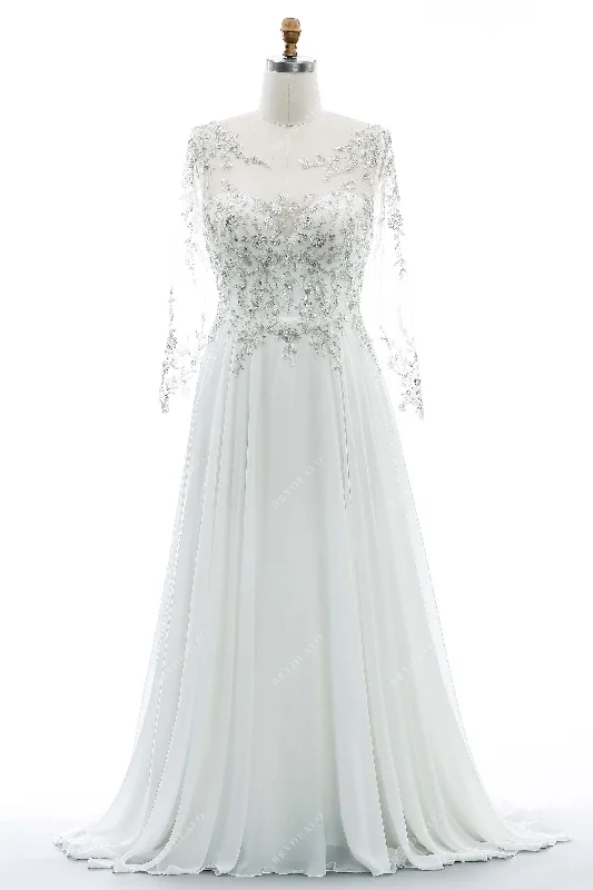 Plus Size Lace Sheer Sleeves A-line Chiffon Wedding Dress