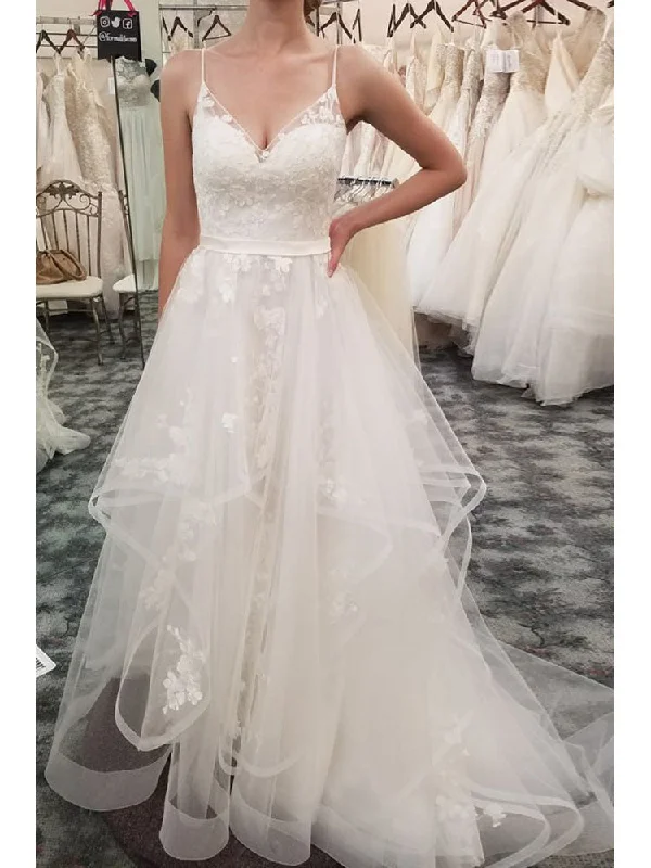 Best wedding dresses for a glamorous appearance-Popular Tulle Spaghetti Straps Neckline A-line Wedding Dresses With Appliques WD023 Best wedding dresses for a glamorous appearance-Popular Tulle Spaghetti Straps Neckline A-line Wedding Dresses With Appliques WD023