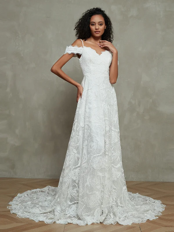 Wedding dresses with sheer overlays for added sophistication-Princess Chapel Train Lace Boho Weddding Dresses-Ivory Wedding dresses with sheer overlays for added sophistication-Princess Chapel Train Lace Boho Weddding Dresses-Ivory