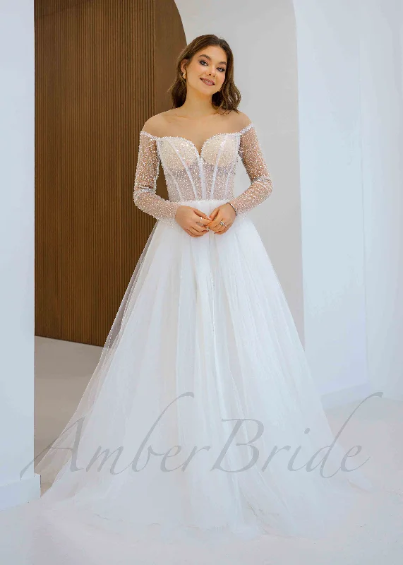 Trendy wedding dresses for 2025 brides-Princess Sparkling Tulle Wedding Dress with Long Sheer Sleeve Trendy wedding dresses for 2025 brides-Princess Sparkling Tulle Wedding Dress with Long Sheer Sleeve