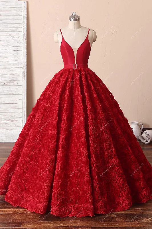 Red 3D Rose Ball Gown Spaghetti Strap V-Neck Formal Dress