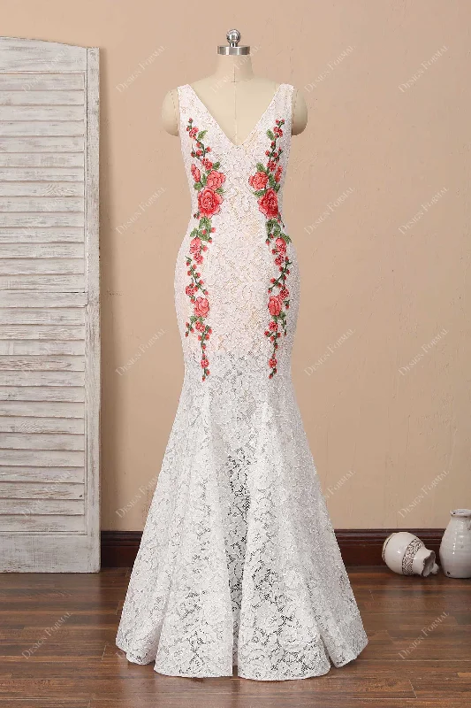 Colored Flower White Lace Trumpet Bridal Gown