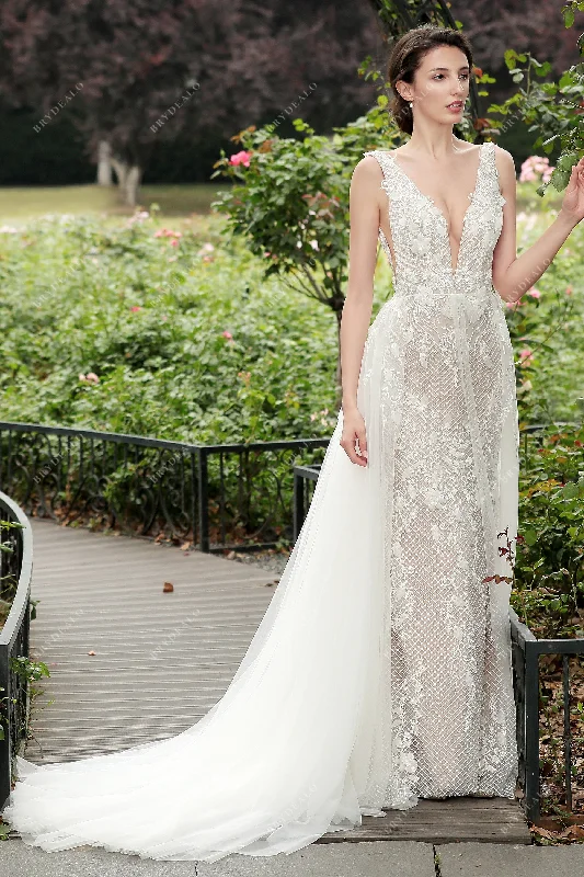 Rhombus Lace Ivory Wedding Gown with Detachable Skirt