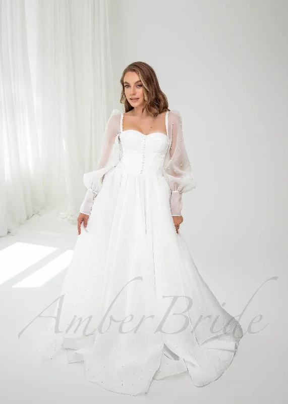 Wedding dresses for an intimate, outdoor ceremony-Romantic A Line Organza Wedding Dress with Bishop Sleeves and Pearled Design Wedding dresses for an intimate, outdoor ceremony-Romantic A Line Organza Wedding Dress with Bishop Sleeves and Pearled Design