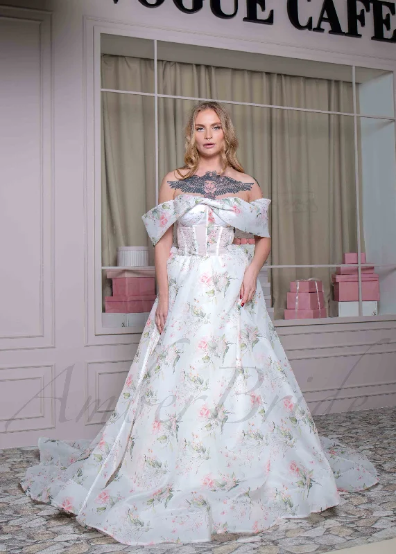 Wedding dresses for beach weddings-Romantic A Line Organza Wedding Dress with Floral Print and Detachable Bishop Sleeves Wedding dresses for beach weddings-Romantic A Line Organza Wedding Dress with Floral Print and Detachable Bishop Sleeves