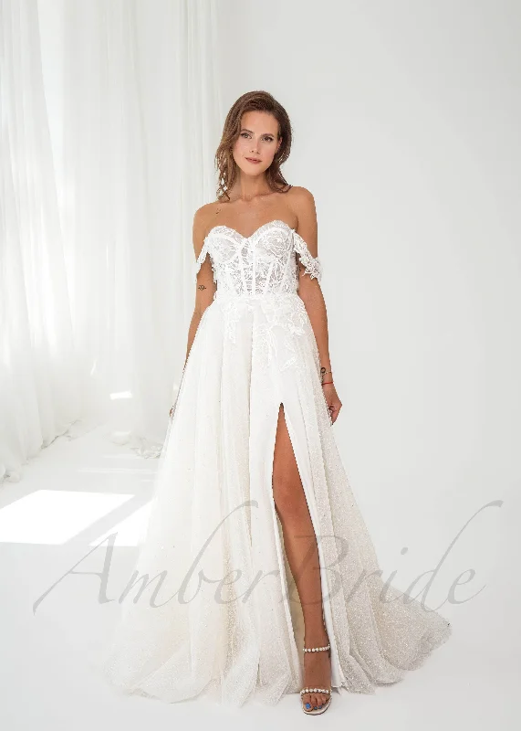 Affordable wedding dresses with full skirts-Romantic A Line Tulle Wedding Dress with Detachable Off Shoulder Sleeves Affordable wedding dresses with full skirts-Romantic A Line Tulle Wedding Dress with Detachable Off Shoulder Sleeves