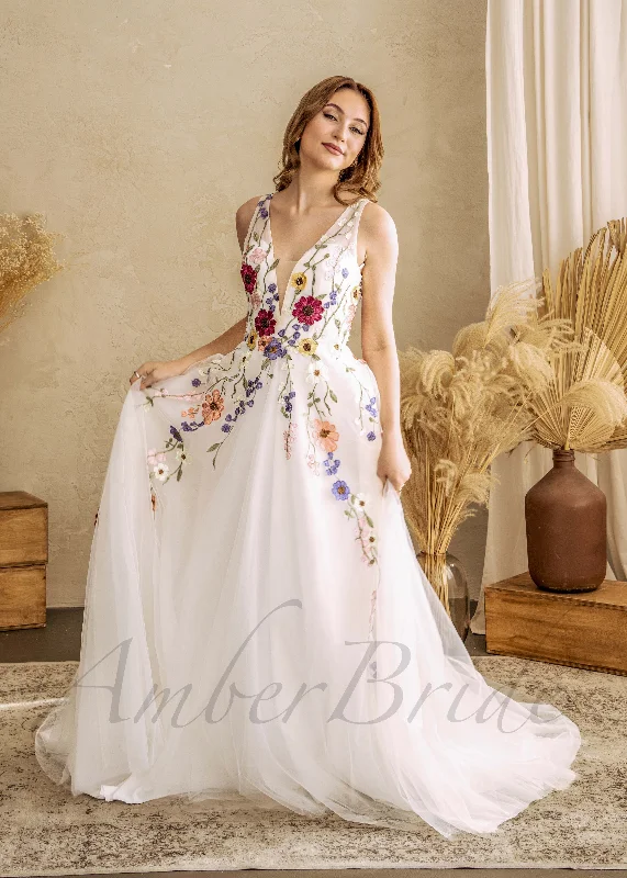 Wedding dresses for brides with short hair-Romantic A Line Wedding Dress with Colorful Flowers and Open Back Wedding dresses for brides with short hair-Romantic A Line Wedding Dress with Colorful Flowers and Open Back