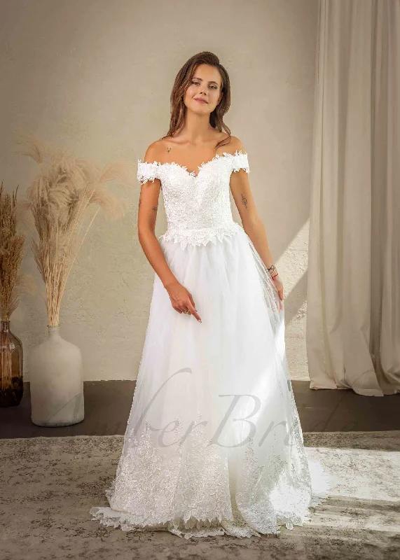 Wedding dresses with tulle skirts for a dreamy look-Romantic A Line Wedding Dress with Floral Design and Off Shoulder Sleeves Wedding dresses with tulle skirts for a dreamy look-Romantic A Line Wedding Dress with Floral Design and Off Shoulder Sleeves