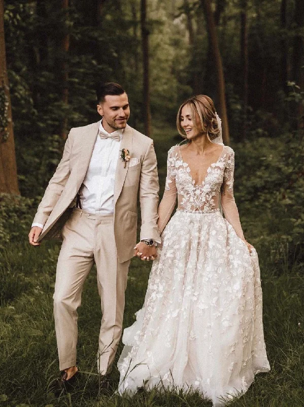 Wedding dresses with halter necklines for added style-Romantic A-line Wedding Dresses With Long Sleeves Lace Bridal Gowns WD247 Wedding dresses with halter necklines for added style-Romantic A-line Wedding Dresses With Long Sleeves Lace Bridal Gowns WD247