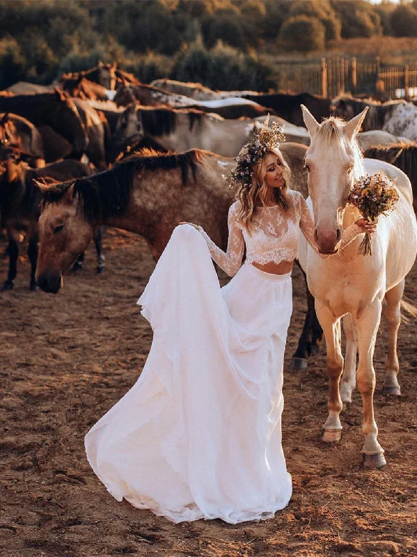 Wedding dresses with modest coverage for conservative brides-Romantic Chiffon 2 Pieces Wedding Dresses A-line Long Sleeves Gowns WD184 Wedding dresses with modest coverage for conservative brides-Romantic Chiffon 2 Pieces Wedding Dresses A-line Long Sleeves Gowns WD184