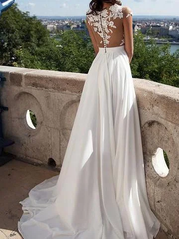 Elegant wedding dresses with satin finishes-Romantic Chiffon Bateau Neckline A-line Wedding Dresses With Appliques WD105 Elegant wedding dresses with satin finishes-Romantic Chiffon Bateau Neckline A-line Wedding Dresses With Appliques WD105