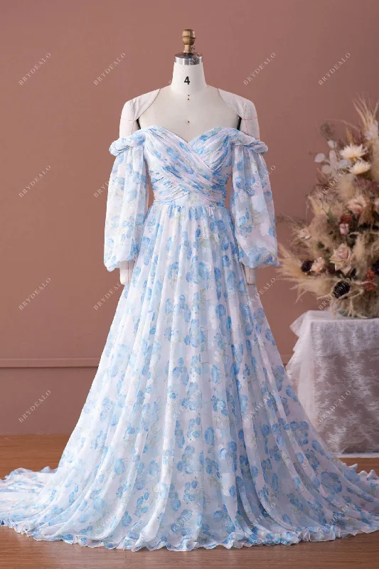 Romantic Floral Chiffon Wedding Dress with Balloon Sleeves