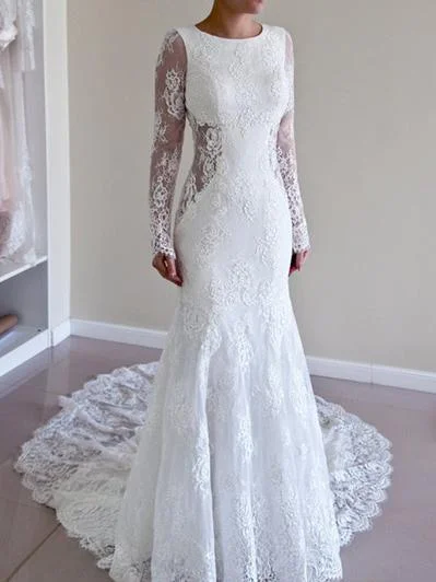 Wedding dresses for a beach wedding with light fabrics-Romantic Lace Scoop Neckline Mermaid Wedding Dresses With Pleats WD017 Wedding dresses for a beach wedding with light fabrics-Romantic Lace Scoop Neckline Mermaid Wedding Dresses With Pleats WD017